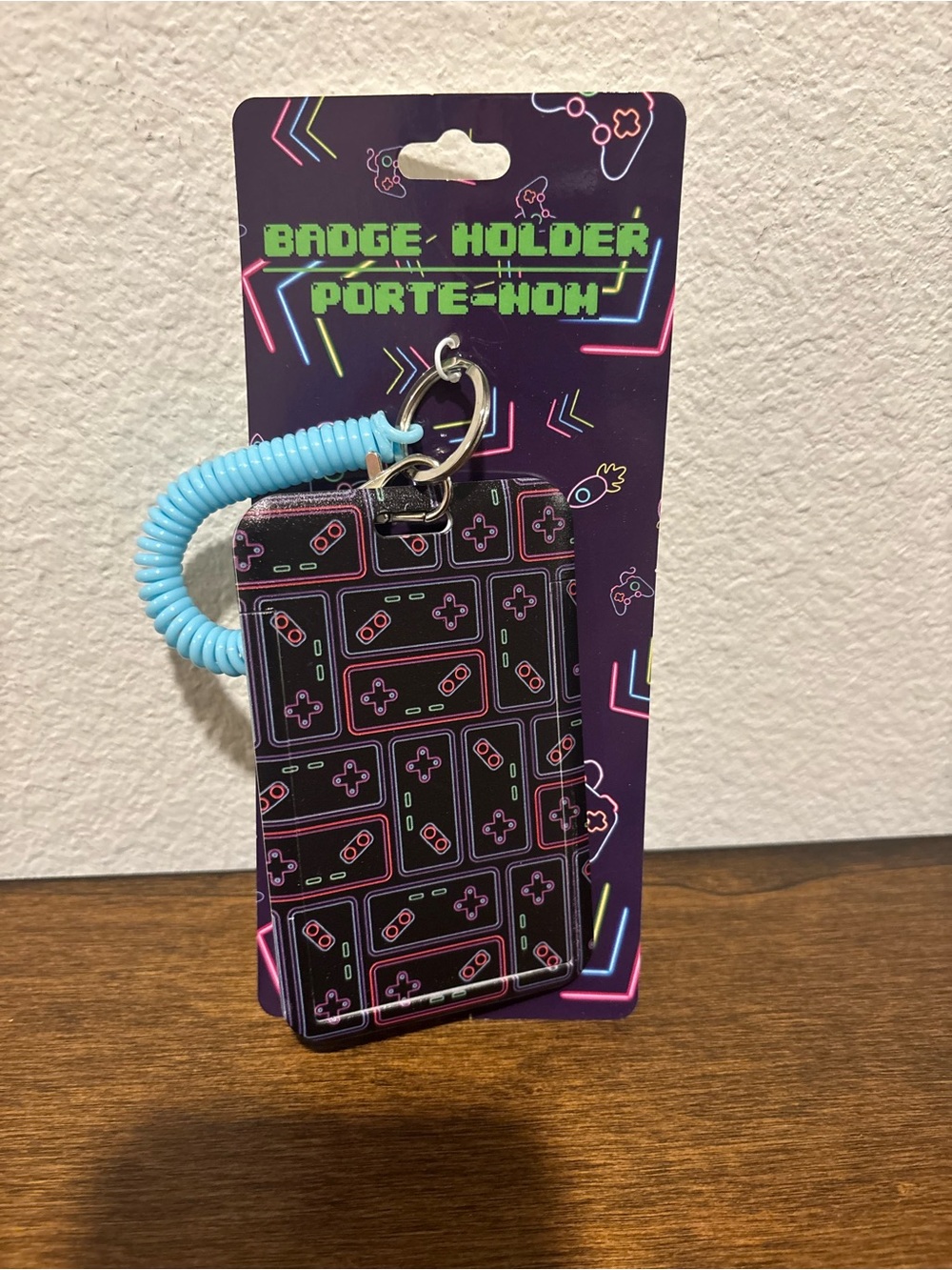 Badge Holder with Blue Coil Wrist Strap - Gaming Controller Pattern